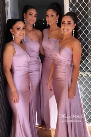 Silk Satin Mermaid One Shoulder Long Bridesmaid Dresses With Train, MBD215