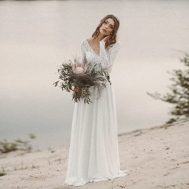 V Neck Open Back Bridal Dresses Chiffon Princess Lace