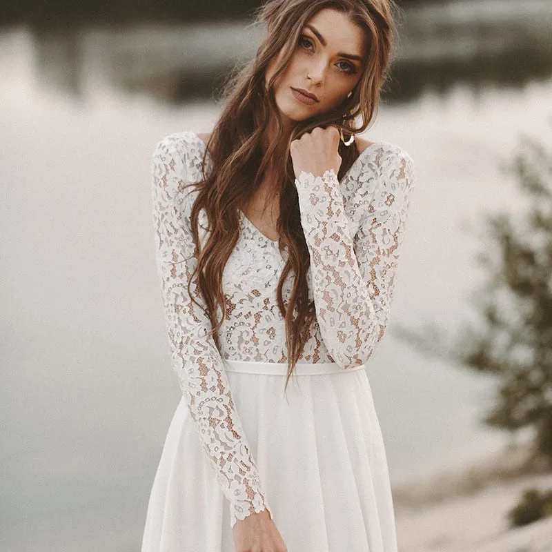 V Neck Open Back Bridal Dresses Chiffon Princess Lace