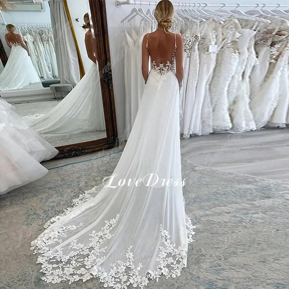 Wedding Guest Dresses: V Neck Wedding Dresses Lace Appliques Backless A-Line